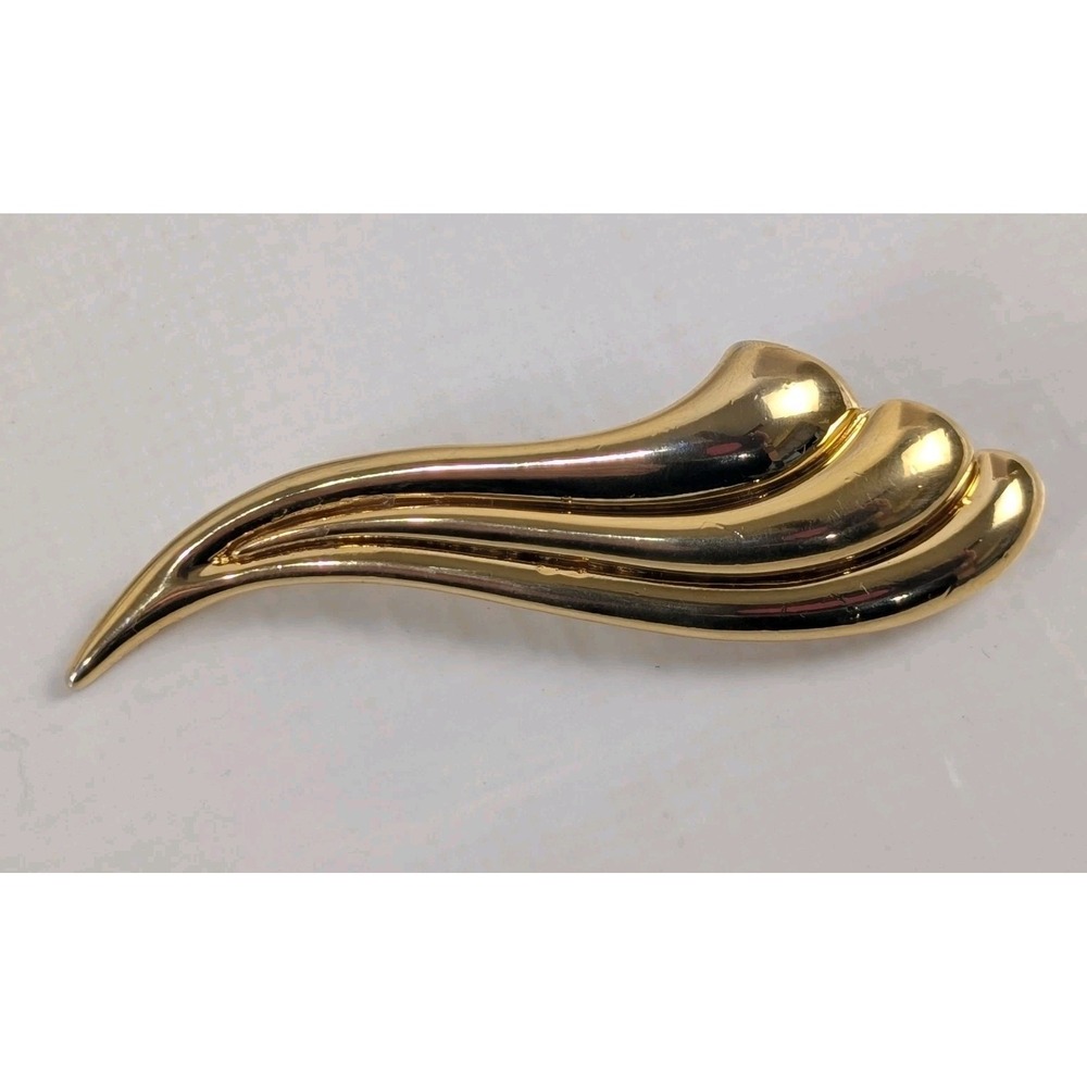 Vintage TAI Gold Tone Abstract Ribbon Brooch Pin Signed‎ 3" Minimalist